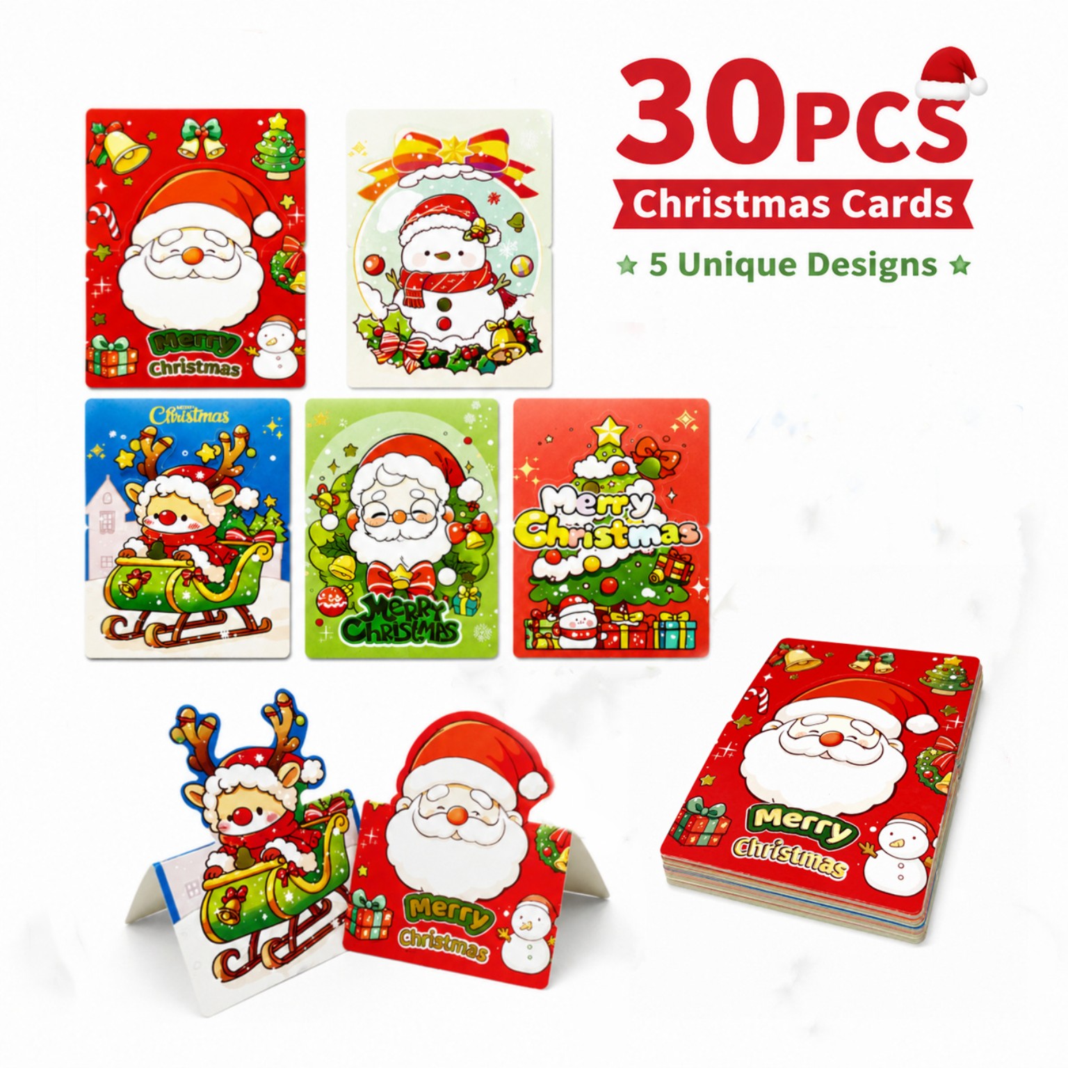 Thirty fold-out Christmas cards in five festive designs