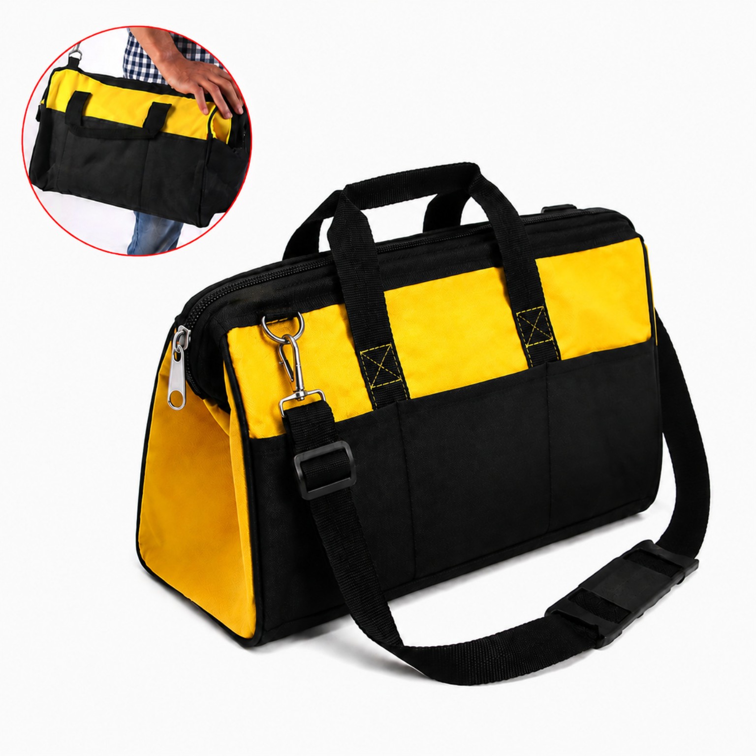 Yellow and black 17-inch heavy-duty tool bag with shoulder strap